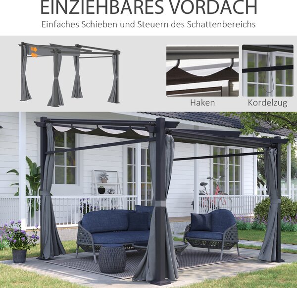 OUTSUNNY Samostatne stojaca kovová pergola so zaťahovacou plátennou strechou a bočnými stenami 297 x 295 cm sivá