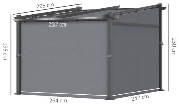 OUTSUNNY Samostatne stojaca kovová pergola so zaťahovacou plátennou strechou a bočnými stenami 297 x 295 cm sivá