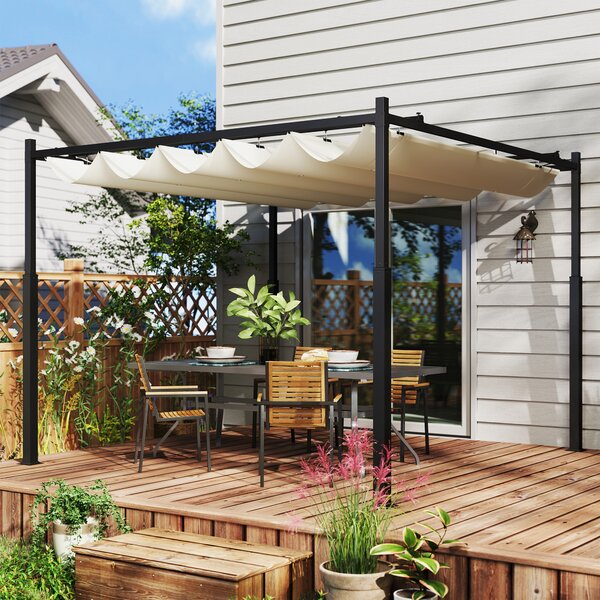 OUTSUNNY Samostatne stojaca kovová pergola so zaťahovacou plátennou strechou 300 x 300 cm biela