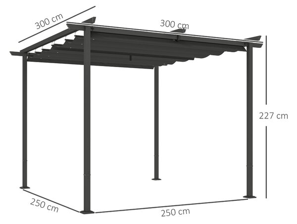 OUTSUNNY Voľne stojaca kovová pergola so zaťahovacou plátennou strechou 300 x 300 cm tmavosivá