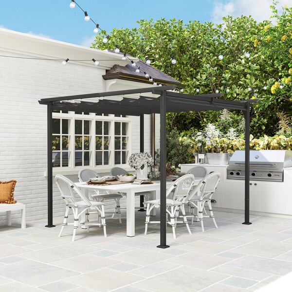 OUTSUNNY Voľne stojaca kovová pergola so zaťahovacou plátennou strechou 300 x 300 cm tmavosivá