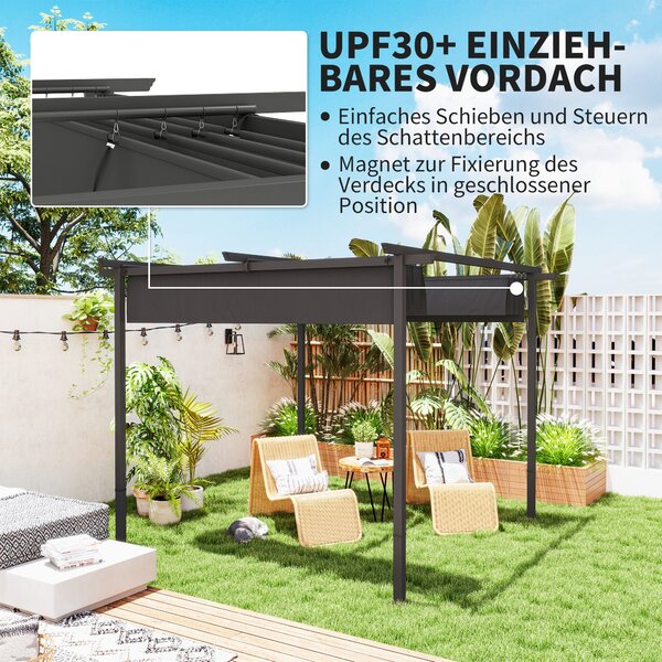OUTSUNNY Voľne stojaca kovová pergola so zaťahovacou plátennou strechou 300 x 300 cm tmavosivá