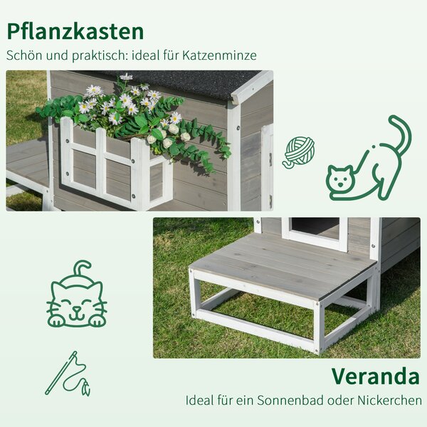 PAWHUT Vonkajší drevený domček pre mačky 115 x 67 x 75 cm sivý biely