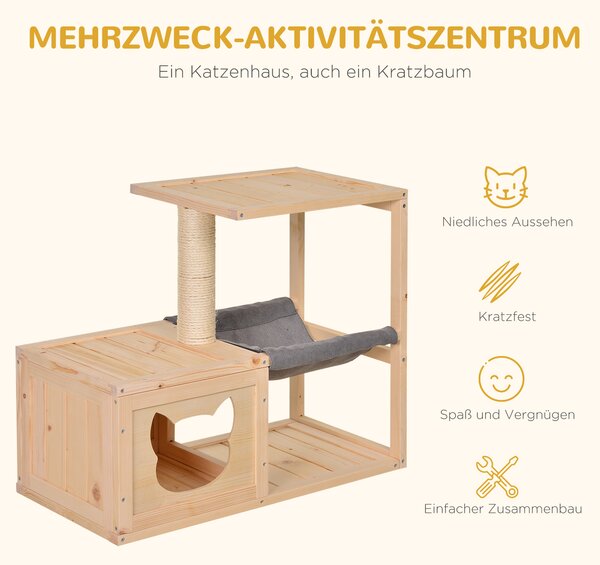 PAWHUT Vnútorný domček pre mačky s prístreškom a hojdacou sieťou drevený 70 x 35 x 60 cm prírodný