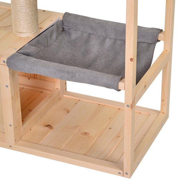 PAWHUT Vnútorný domček pre mačky s prístreškom a hojdacou sieťou drevený 70 x 35 x 60 cm prírodný