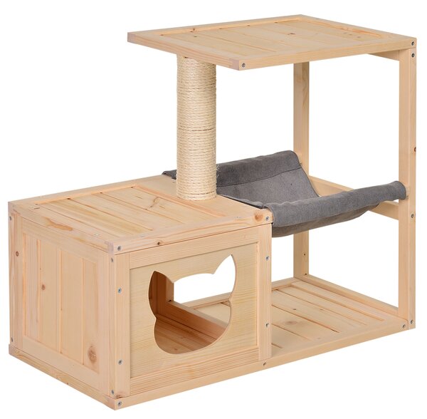 PAWHUT Vnútorný domček pre mačky s prístreškom a hojdacou sieťou drevený 70 x 35 x 60 cm prírodný