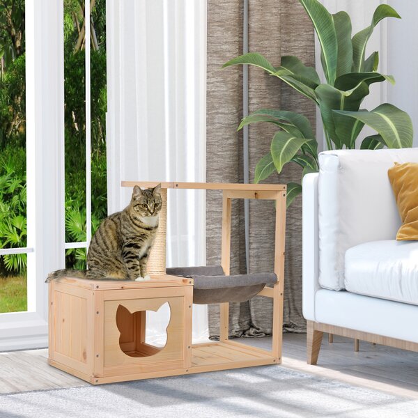 PAWHUT Vnútorný domček pre mačky s prístreškom a hojdacou sieťou drevený 70 x 35 x 60 cm prírodný