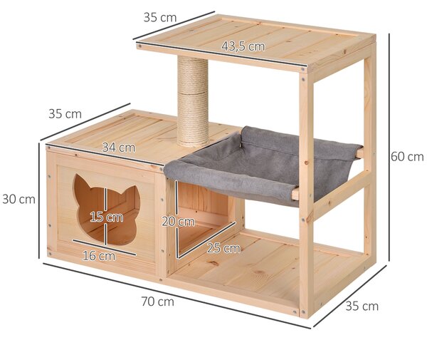 PAWHUT Vnútorný domček pre mačky s prístreškom a hojdacou sieťou drevený 70 x 35 x 60 cm prírodný