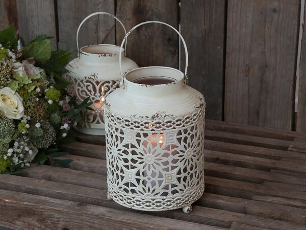 Krémová antik kovová lampáš Fleur-de-pot - Ø16*22cm - Chic Antique