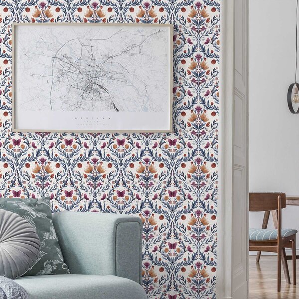 Tapety Kvetinový damask s motýľmi na teplom krémovom podklade, Tapety kvety, a00926v2 : Uwalls.sk