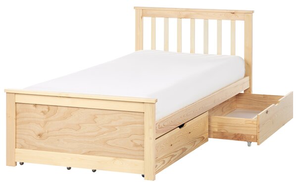 Posteľ svetlohnedá borovicové drevo MDF 90 x 200 cm s čelom úložný priestor 4 zásuvky minimalistický škandinávsky štýl spálňa detská izba