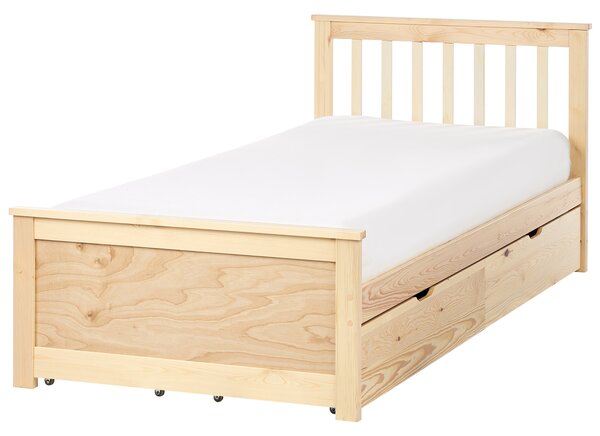 Posteľ svetlohnedá borovicové drevo MDF 90 x 200 cm s čelom úložný priestor 4 zásuvky minimalistický škandinávsky štýl spálňa detská izba