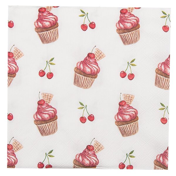 Biele papierové obrúsky s tortičky Cherry Cupcake - 33 * 33 cm (20ks) - Clayre & Eef