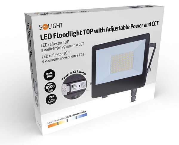SOLIGHT LED reflektor TOP 50W, max. 6500lm, 3CCT, voliteľný výkon 100/60%, IP65