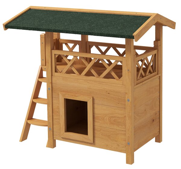 PAWHUT Vonkajší dvojpodlažný drevený domček pre mačky 77 x 50 x 73 cm prírodný