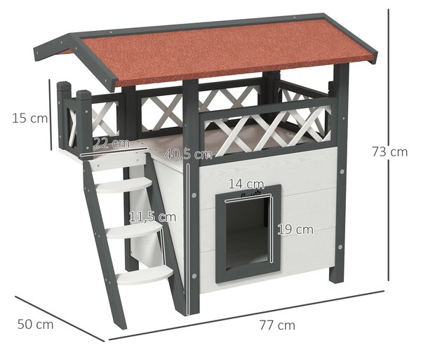 PAWHUT Vonkajší dvojpodlažný drevený domček pre mačky 77 x 50 x 73 cm biely