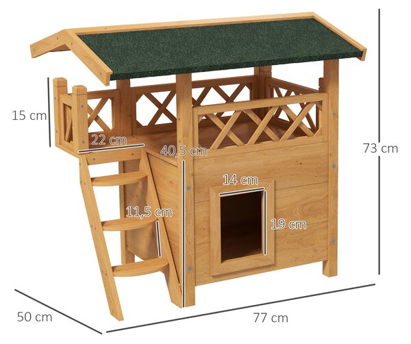 PAWHUT Vonkajší dvojpodlažný drevený domček pre mačky 77 x 50 x 73 cm prírodný