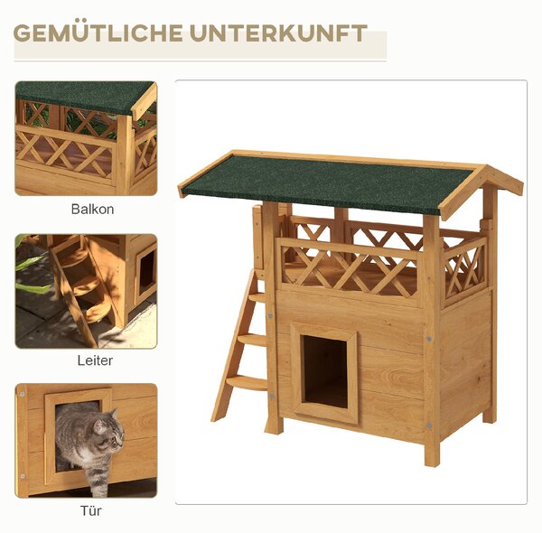 PAWHUT Vonkajší dvojpodlažný drevený domček pre mačky 77 x 50 x 73 cm prírodný