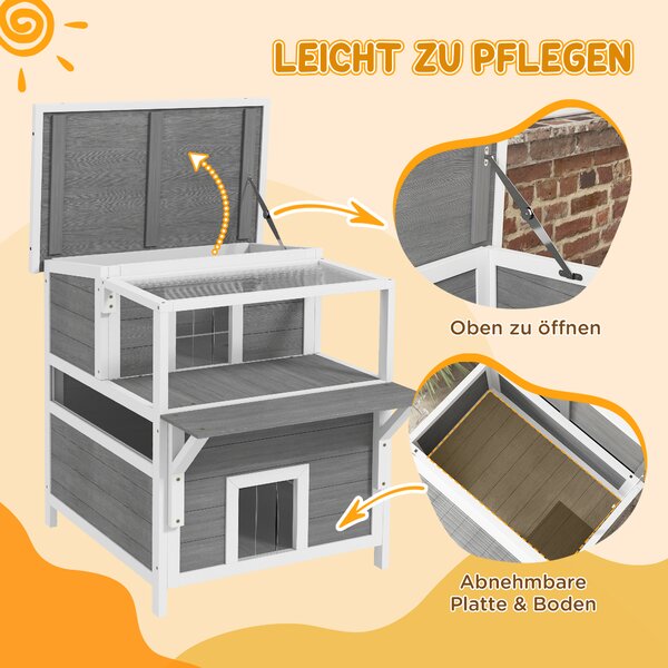 PAWHUT Vonkajší domček pre mačky s balkónom drevený 64 x 87 x 76 cm sivý biely