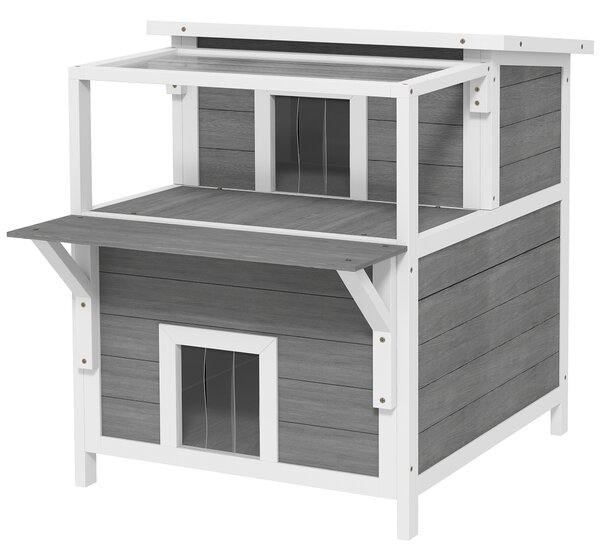 PAWHUT Vonkajší domček pre mačky s balkónom drevený 64 x 87 x 76 cm sivý biely