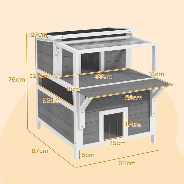 PAWHUT Vonkajší domček pre mačky s balkónom drevený 64 x 87 x 76 cm sivý biely