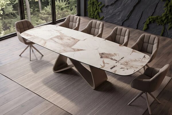 Moderný rozkladací obdĺžnikový jedálenský stôl Hoal s dekorom Italian Patagonia v bielej a hnedej farbe 180-220-260 cm