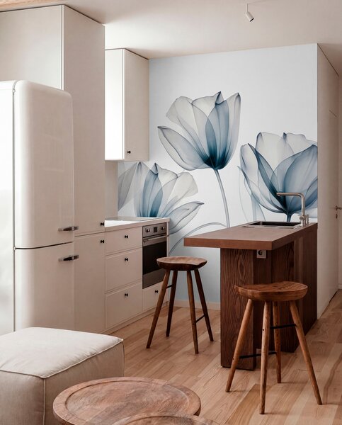 Tapety Priehľadné modré a biele tulipány s dlhými stonkami na svetlom pozadí, jemné a textúrované kvetinové, Moderné fototapety, w09538 : Uwalls.sk
