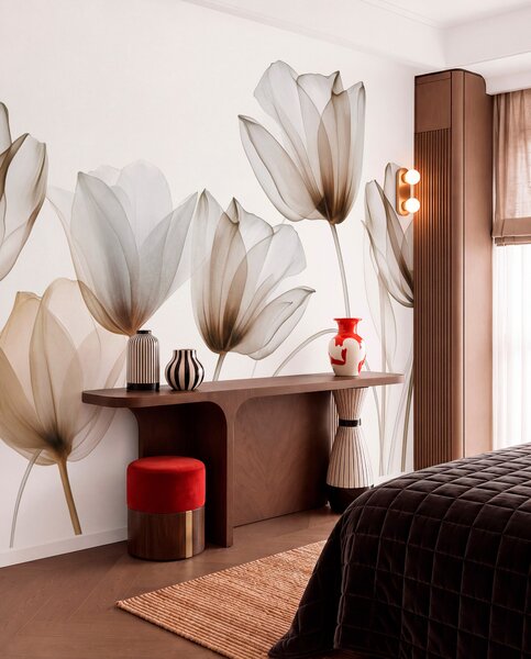 Tapety Priehľadné hnedé a biele tulipány s dlhými stonkami na svetlom pozadí, jemné a textúrované, Moderné fototapety, w09538v1 : Uwalls.sk