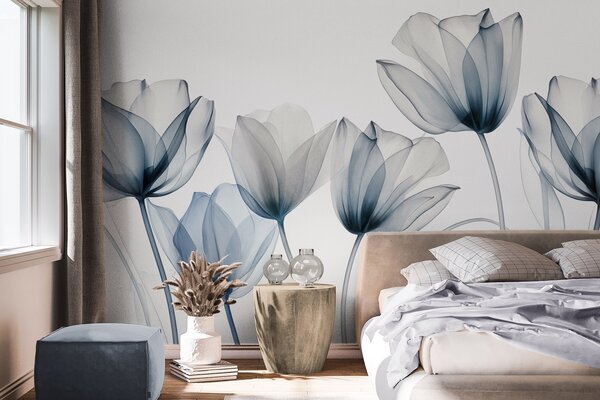 Tapety Priehľadné modré a biele tulipány s dlhými stonkami na svetlom pozadí, jemné a textúrované kvetinové, Moderné fototapety, w09538 : Uwalls.sk