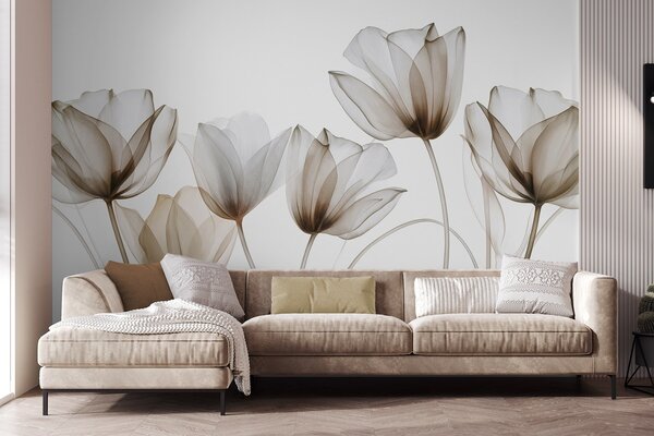 Tapety Priehľadné hnedé a biele tulipány s dlhými stonkami na svetlom pozadí, jemné a textúrované, Moderné fototapety, w09538v1 : Uwalls.sk