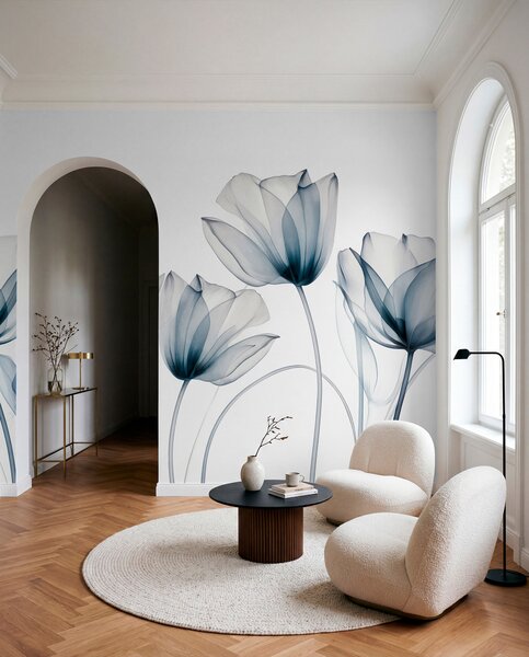 Tapety Priehľadné modré a biele tulipány s dlhými stonkami na svetlom pozadí, jemné a textúrované kvetinové, Moderné fototapety, w09538 : Uwalls.sk