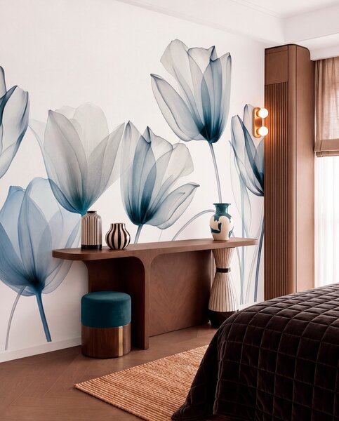 Tapety Priehľadné modré a biele tulipány s dlhými stonkami na svetlom pozadí, jemné a textúrované kvetinové, Moderné fototapety, w09538 : Uwalls.sk