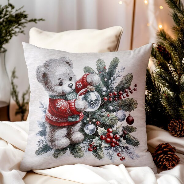 Vianočná gobelínová obliečka na vankúš s lurexom Medvedík 42x42 cm Chenille 6273 Farba Viacfarebná Rozmery 42x42 cm