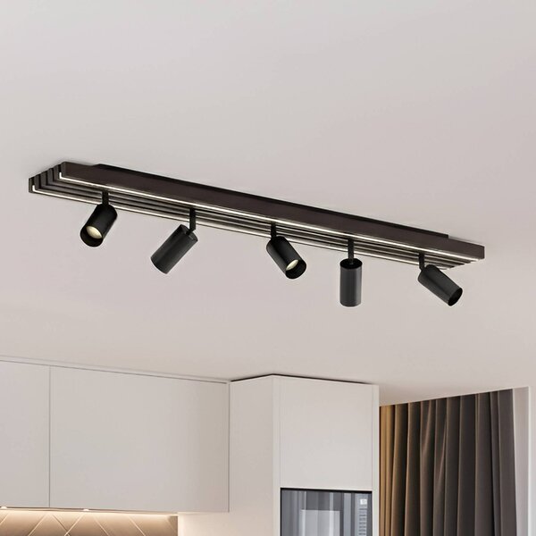 Lucande LED stropné bodové svetlá Tiron, 5-pl., 100 cm, dub, Tmavé drevo, Obývacia izba / jedáleň, Drevo, Moderný