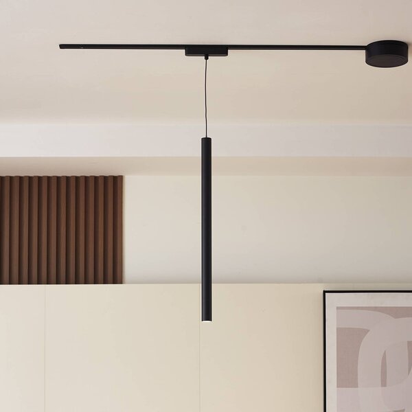 Lindby LED závesné svietidlo Lumaro, čierne, Ø3cm, hliník, 48V, stmievateľné, Čierna, Obývacia izba / jedáleň, Hliník, Moderný, Závesné svietidlo