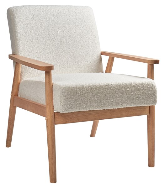 Kreslo krémovobiele buklé čalúnenie polyester retro dizajn svetlé drevené nohy a opierky rúk obývacia izba