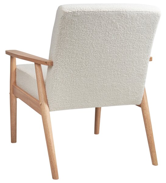 Kreslo krémovobiele buklé čalúnenie polyester retro dizajn svetlé drevené nohy a opierky rúk obývacia izba