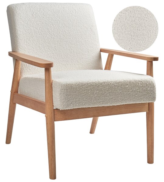 Kreslo krémovobiele buklé čalúnenie polyester retro dizajn svetlé drevené nohy a opierky rúk obývacia izba