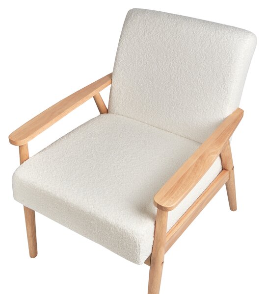 Kreslo krémovobiele buklé čalúnenie polyester retro dizajn svetlé drevené nohy a opierky rúk obývacia izba