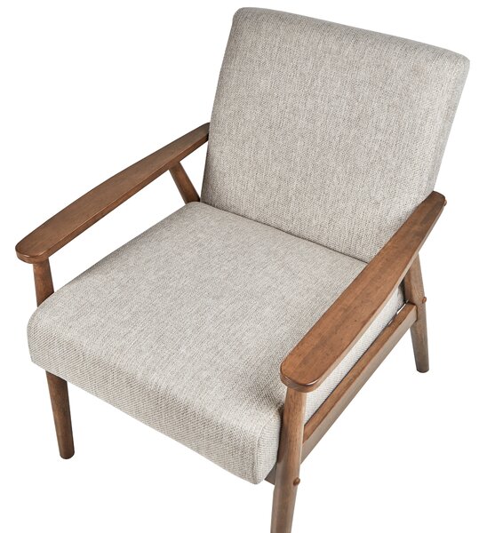 Kreslo sivé látkové čalúnenie polyester retro dizajn tmavé drevené nohy a opierky rúk obývacia izba