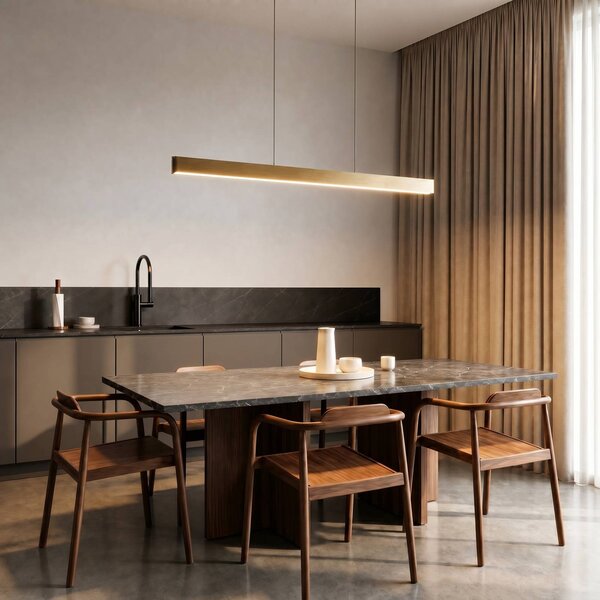 Lucande LED závesné svietidlo Mylosh, zlaté, 150 cm, stmievateľné, Mosadz / zlato, Obývacia izba / jedáleň, Hliník, Moderný, Závesné svietidlo