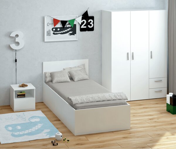 KONDELA Posteľ s kovovým roštom a úložným priestorom, 90x200, biela, DOLI