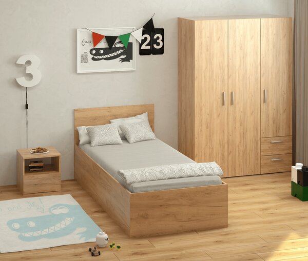 KONDELA Posteľ s kovovým roštom a úložným priestorom, 90x200, dub craft zlatý, DOLI