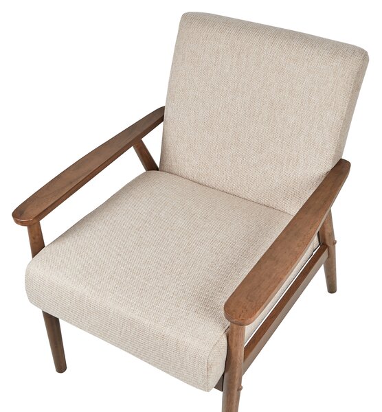 Kreslo béžové látkové čalúnenie polyester retro dizajn tmavé drevené nohy a opierky rúk obývacia izba