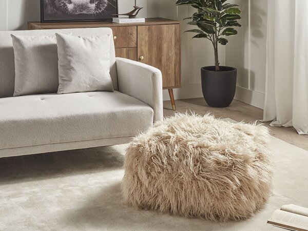Taburetka béžová umelá kožušina EPS polystyrénová výplň štvorcový puf na sedenie boho moderný štýl
