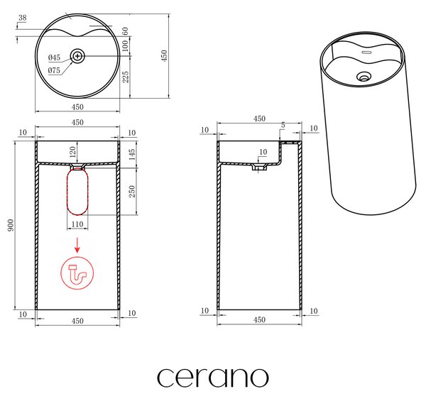 CERANO - Umývadlo z liateho mramoru Soho - voľne stojace - biela matná - Ø 45 x 90 cm