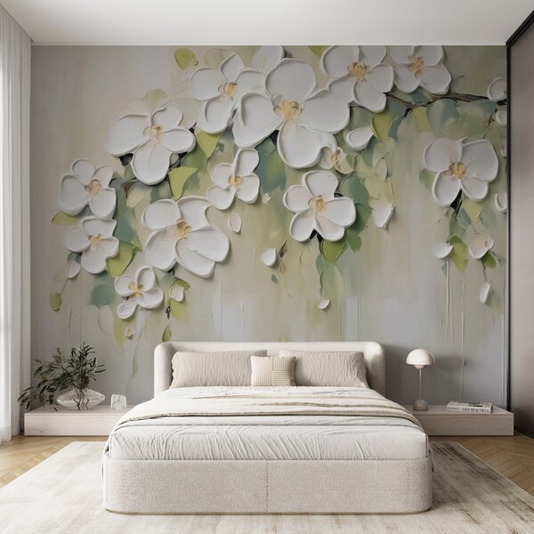 Tapety Biele kvety na olivovej, 3D fototapety, Fototapety 3d kvety, w04978 : Uwalls.sk