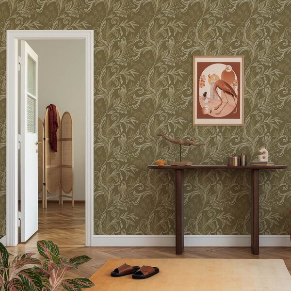 Tapety Teplé khaki zvlnené listy so svetlými krémovými akcentmi, Tapety kvety, a00935v4 : Uwalls.sk