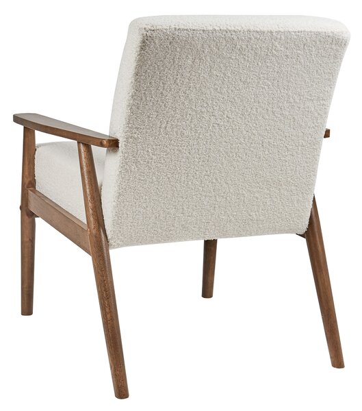Kreslo krémovobiele buklé čalúnenie polyester retro dizajn tmavé drevené nohy a opierky rúk obývacia izba