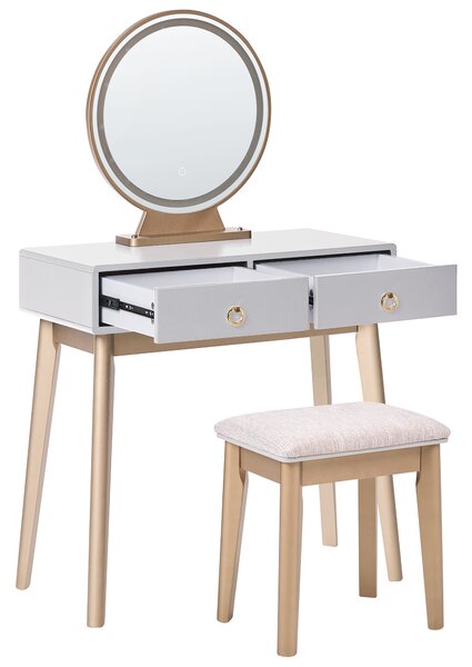 Toaletný stolík sivá a zlatá MDF 4 zásuvky LED zrkadlo stolička nábytok do obývačky glamour dizajn